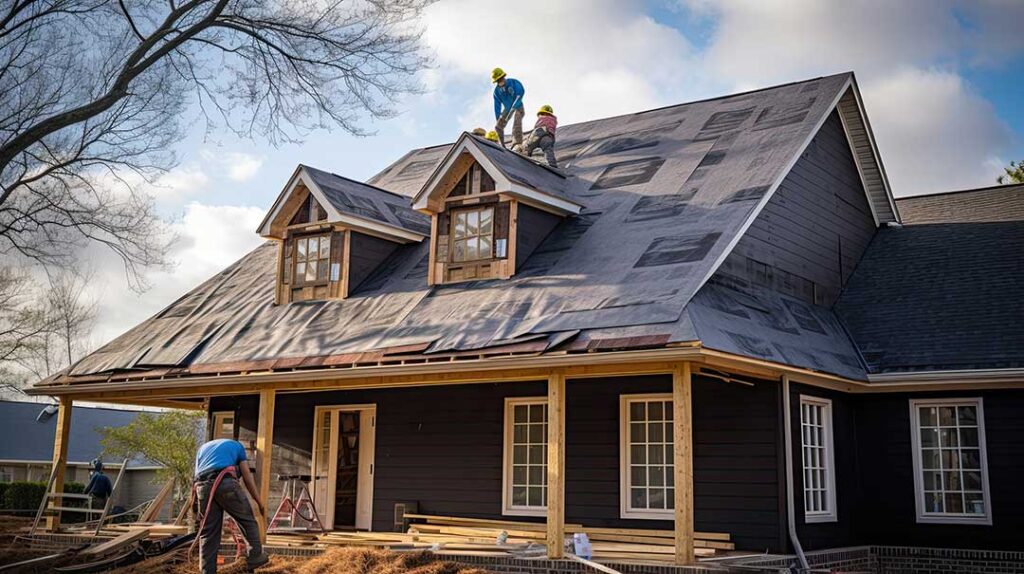 A homeowner observes a roof and gutters while an inspector examines shingles from a ladder.