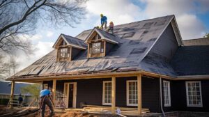 A homeowner observes a roof and gutters while an inspector examines shingles from a ladder.